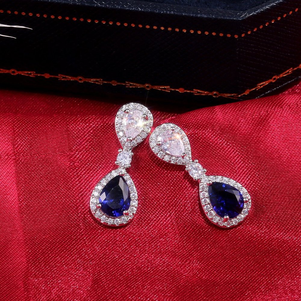 NEW Silver Blue Teardrop Sapphire Diamond Earrings - Picture 2 of 7